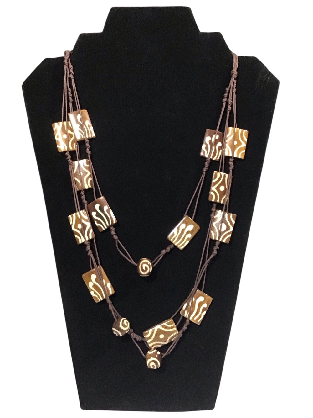 Layered Beaded Tile Necklace Knotted Rope Brown Cream Fashion Jewelry